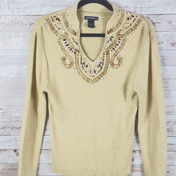Lauren Michelle, Gold scooped beaded and pearls neckline. Size M - Picture 3 of 11